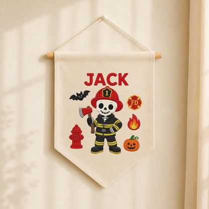 Personalized Halloween Skeleton Firefighter Nursery Decor, Custom Name Embroidered Canvas Pennant Banner, Spooky Fireman Wall Sign