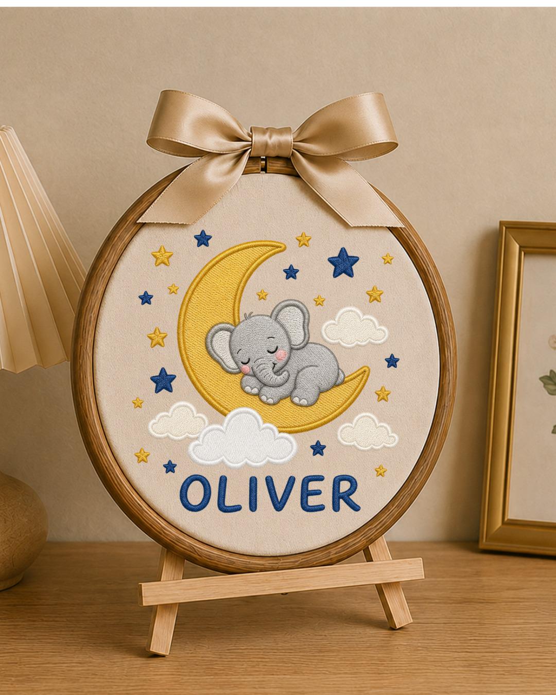 Personalized Embroidered Elephant Ornament, Custom Baby Name Hoop, Sleeping Elephant Moon Nursery Decor, Baby Boy Gift, Newborn Keepsake