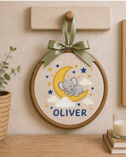 Personalized Embroidered Elephant Ornament, Custom Baby Name Hoop, Sleeping Elephant Moon Nursery Decor, Baby Boy Gift, Newborn Keepsake