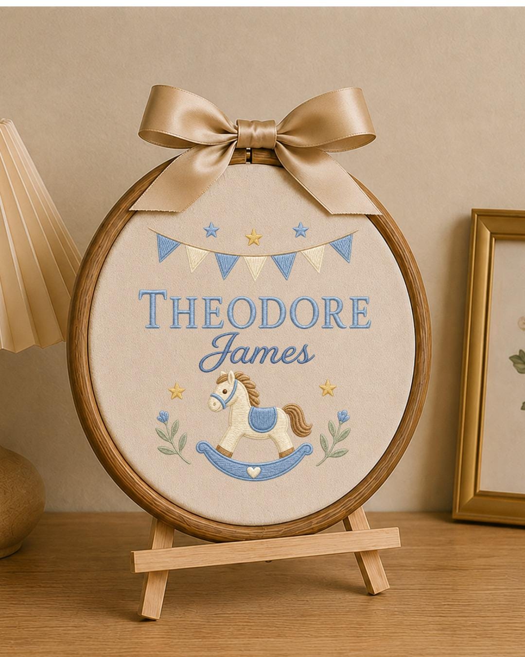Personalized Embroidered Rocking Horse Ornament, Custom Baby Name Hoop, Classic Nursery Wall Decor, Baby Boy Gift, Newborn Keepsake