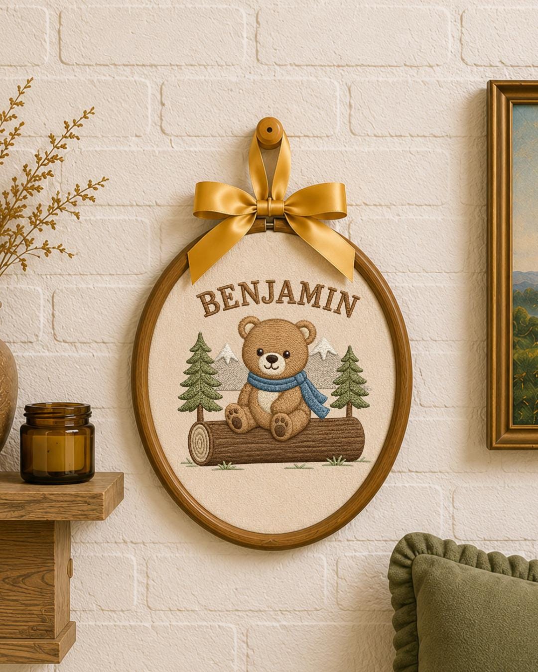 Personalized Embroidered Teddy Bear Ornament, Custom Baby Name Hoop, Woodland Mountain Nursery Decor, Baby Boy Gift, Newborn Keepsake