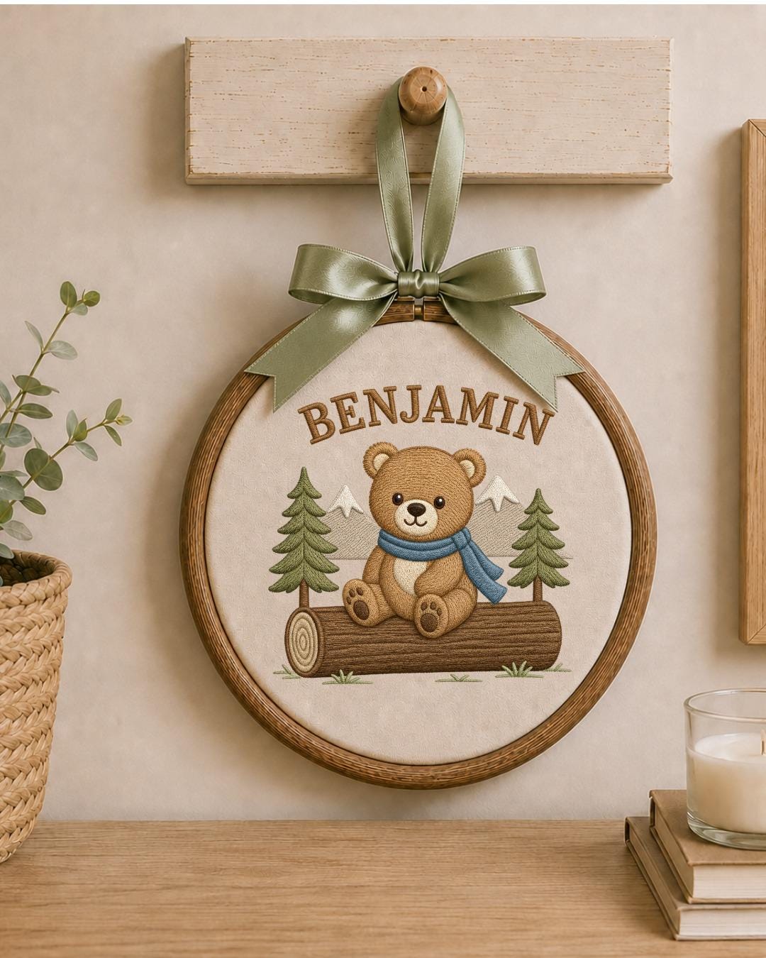 Personalized Embroidered Teddy Bear Ornament, Custom Baby Name Hoop, Woodland Mountain Nursery Decor, Baby Boy Gift, Newborn Keepsake