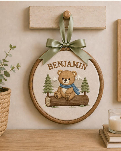 Personalized Embroidered Teddy Bear Ornament, Custom Baby Name Hoop, Woodland Mountain Nursery Decor, Baby Boy Gift, Newborn Keepsake