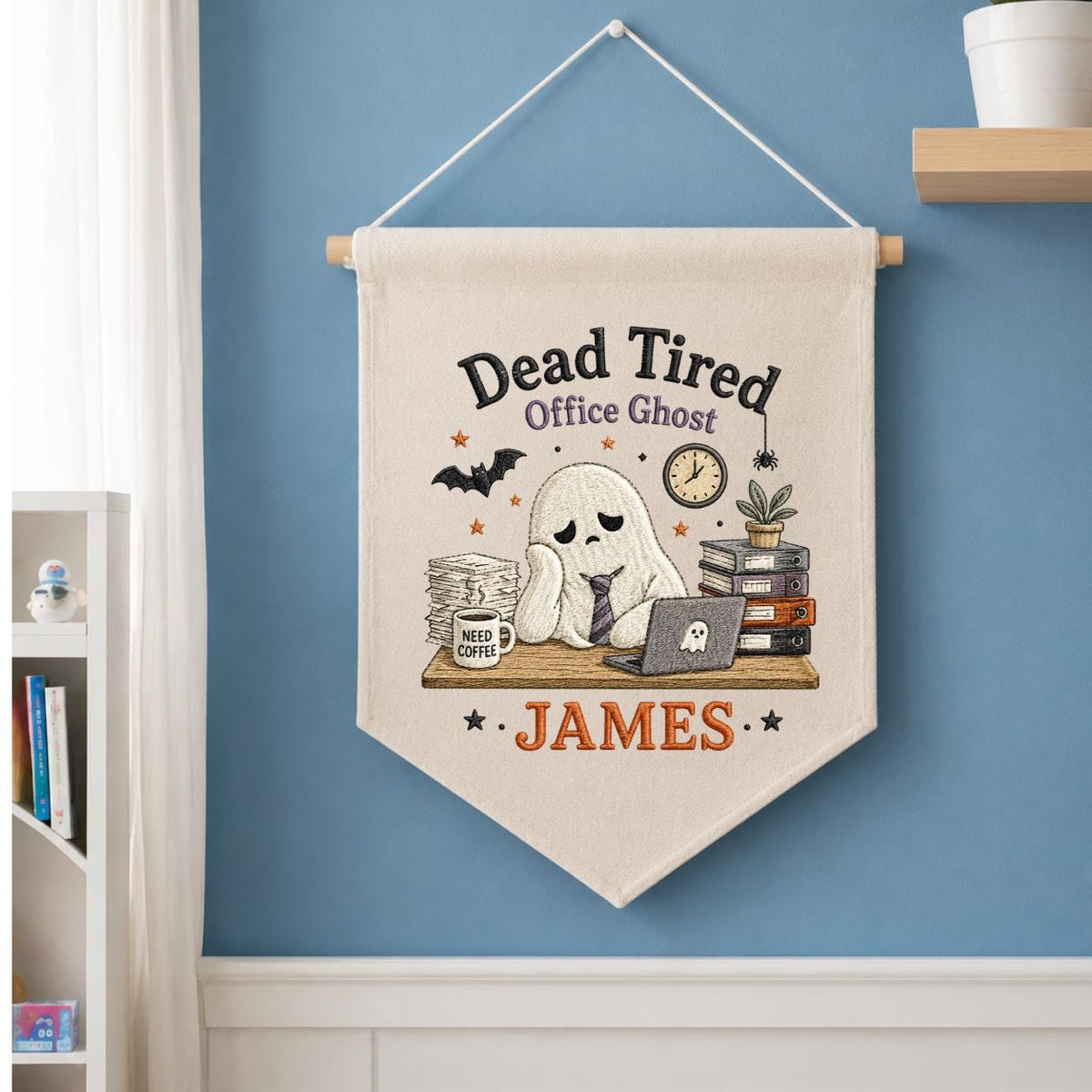 Personalized Dead Tired Office Ghost Canvas Pennant Banner, Custom Name Embroidered Halloween Funny Work Coworker Wall Hanging Sign