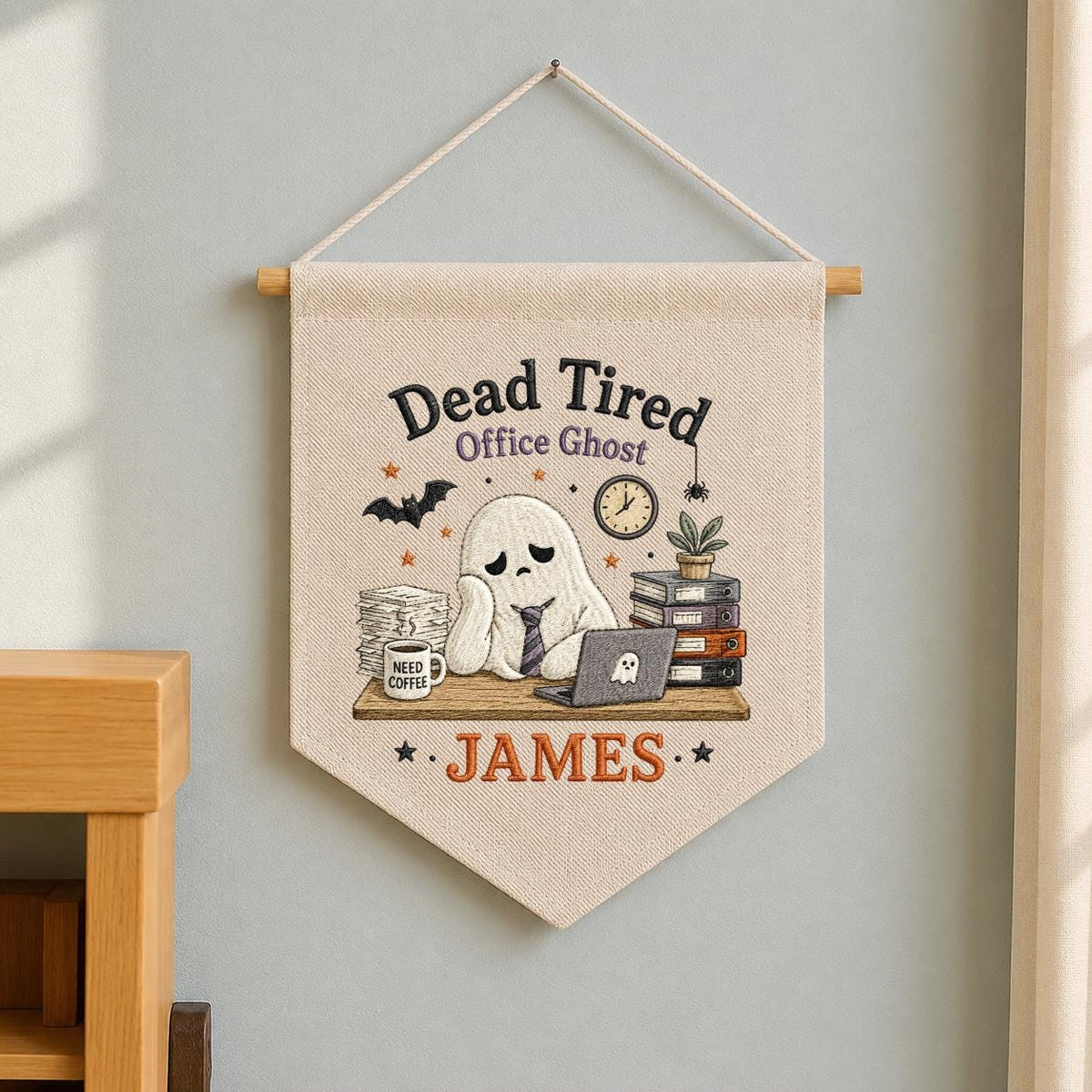 Personalized Dead Tired Office Ghost Canvas Pennant Banner, Custom Name Embroidered Halloween Funny Work Coworker Wall Hanging Sign