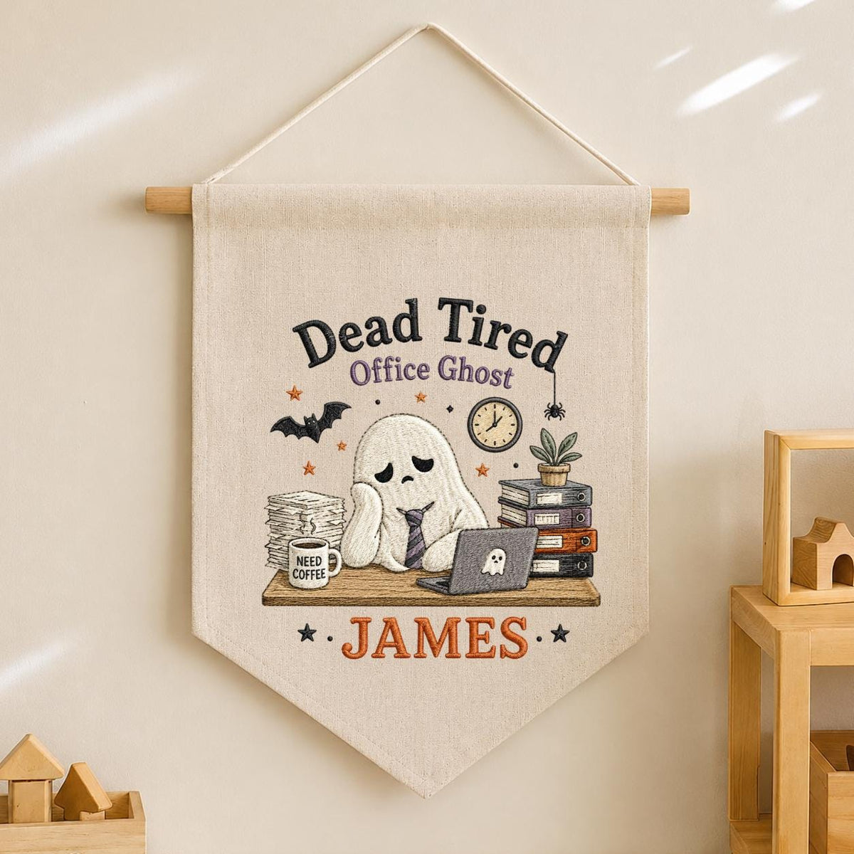 Personalized Dead Tired Office Ghost Canvas Pennant Banner, Custom Name Embroidered Halloween Funny Work Coworker Wall Hanging Sign