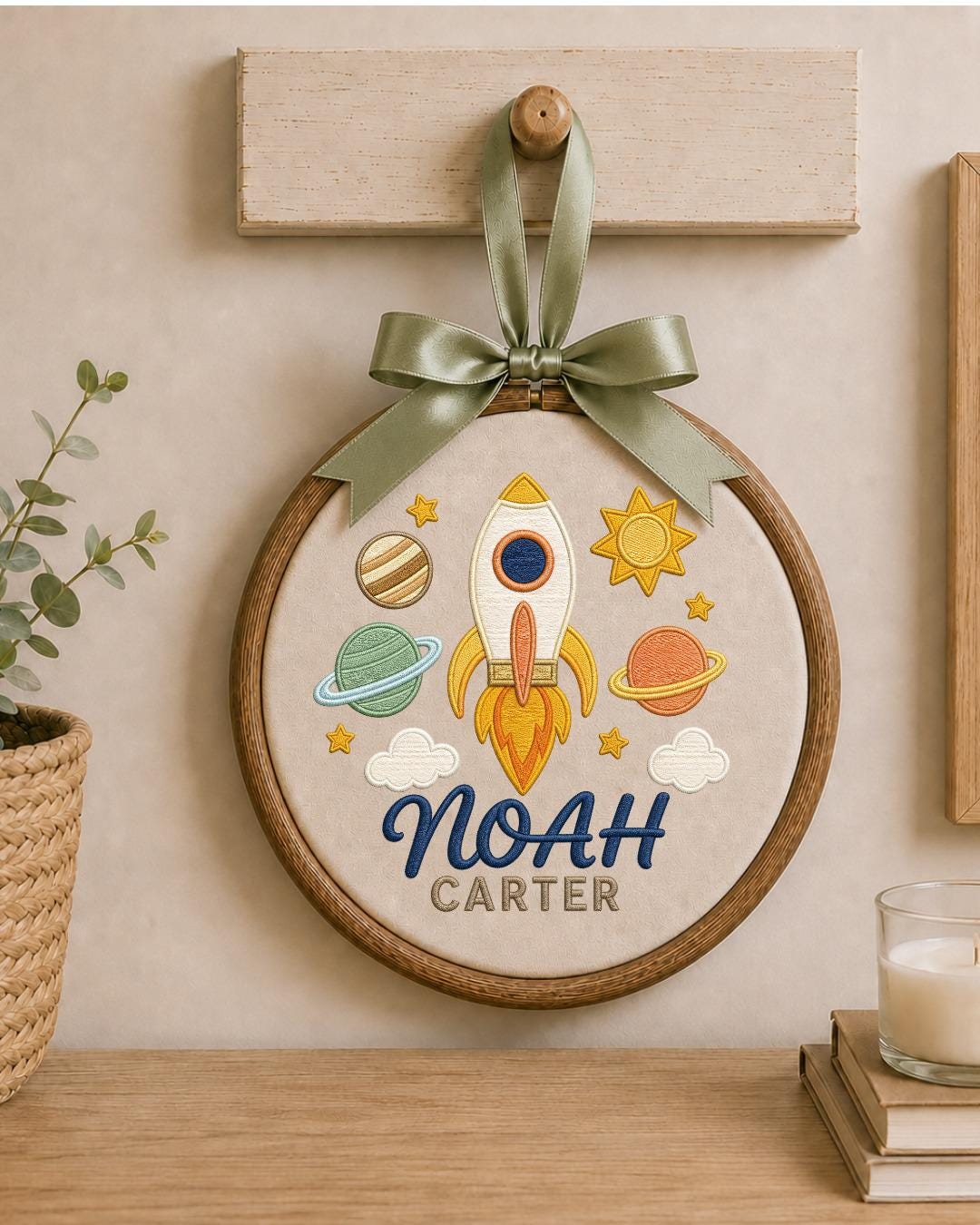 Personalized Embroidered Rocket Ornament, Custom Baby Name Hoop, Space Nursery Wall Decor, Baby Boy Gift, Newborn Keepsake
