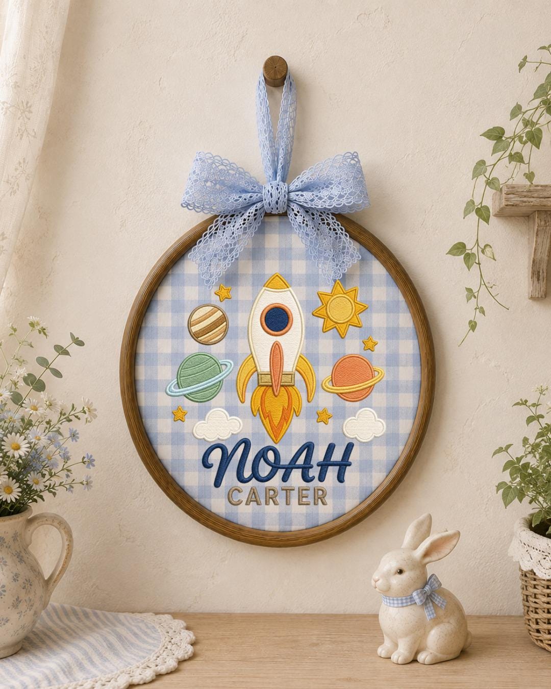 Personalized Embroidered Rocket Ornament, Custom Baby Name Hoop, Space Nursery Wall Decor, Baby Boy Gift, Newborn Keepsake