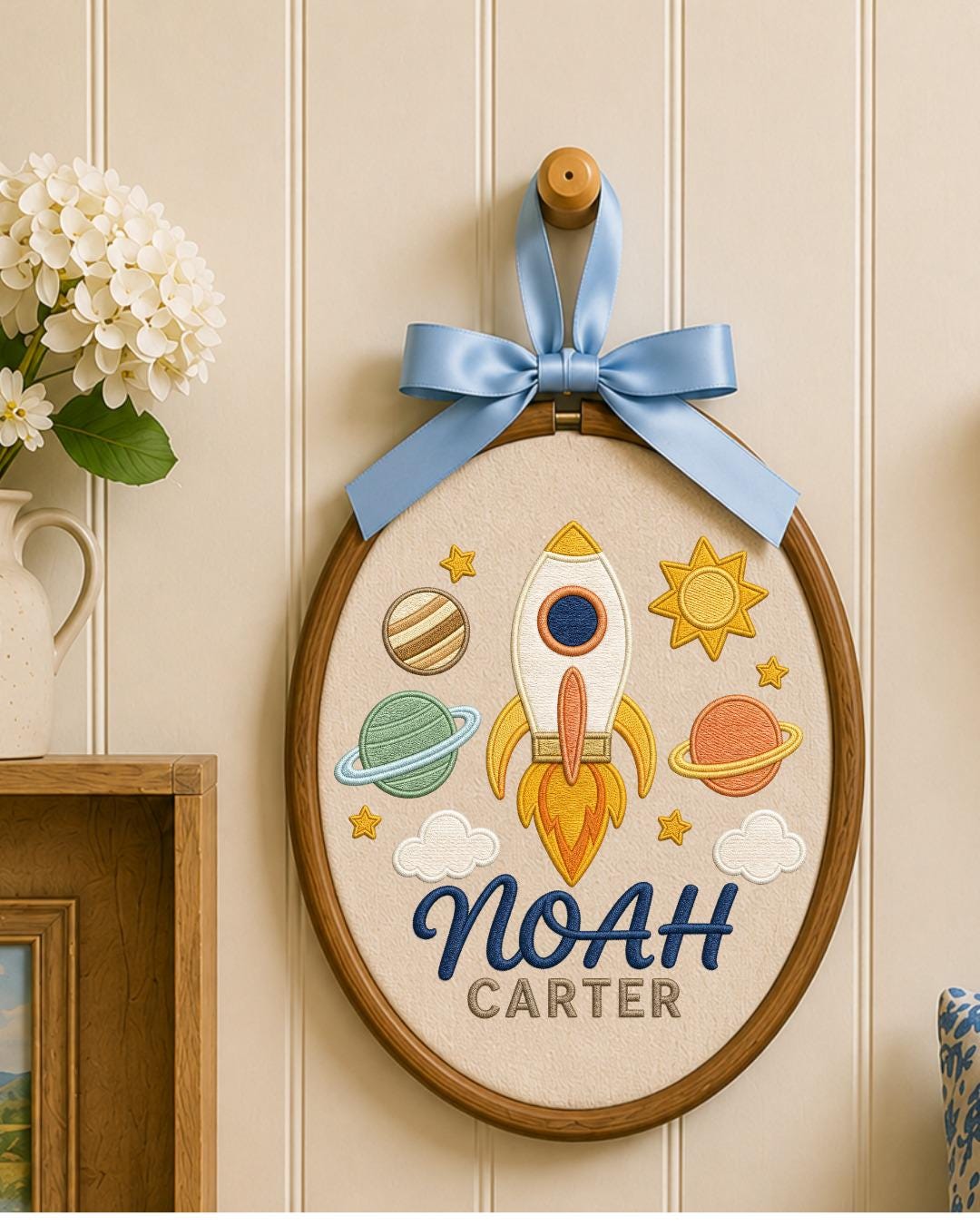 Personalized Embroidered Rocket Ornament, Custom Baby Name Hoop, Space Nursery Wall Decor, Baby Boy Gift, Newborn Keepsake