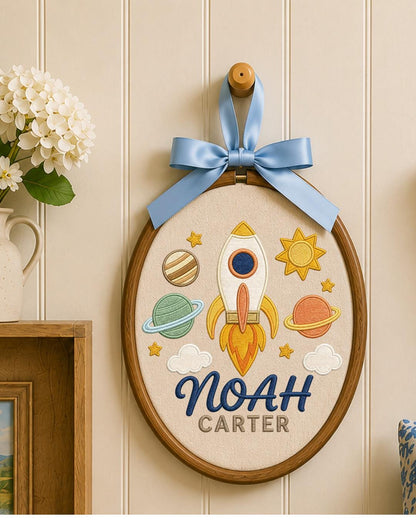 Personalized Embroidered Rocket Ornament, Custom Baby Name Hoop, Space Nursery Wall Decor, Baby Boy Gift, Newborn Keepsake