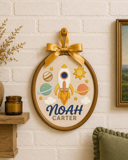 Personalized Embroidered Rocket Ornament, Custom Baby Name Hoop, Space Nursery Wall Decor, Baby Boy Gift, Newborn Keepsake