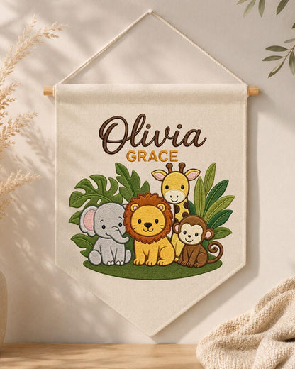 Personalized Safari Animal Wall Hanging, Custom Double Name Embroidered Banner, Jungle Nursery Decor, Baby Room Gift, Safari Baby Keepsake