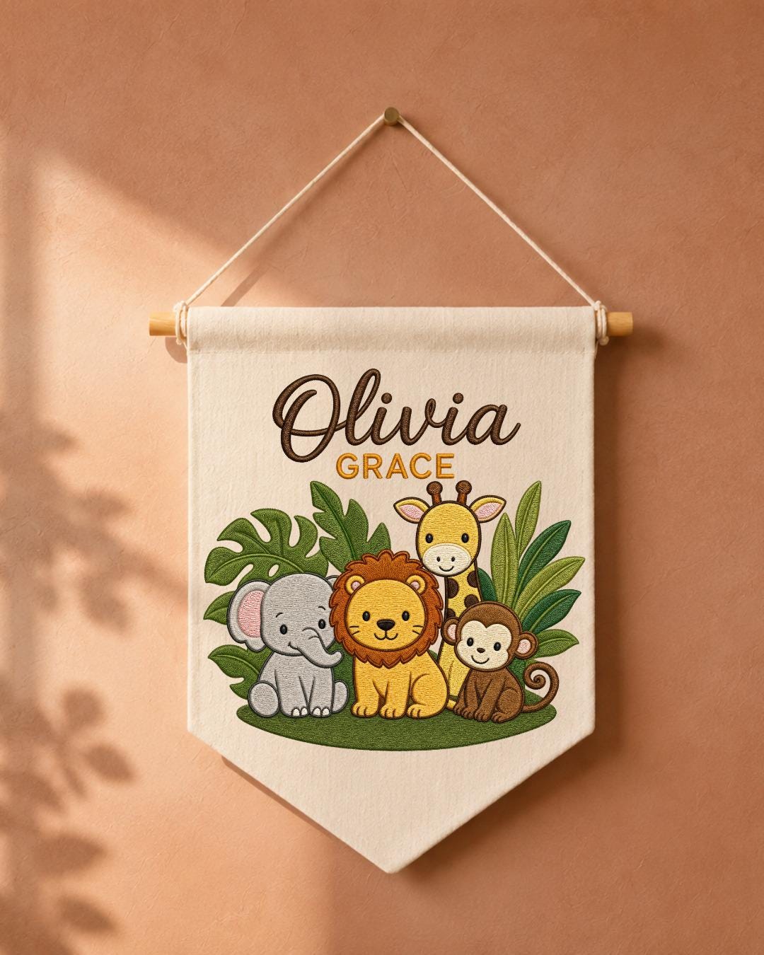 Personalized Safari Animal Wall Hanging, Custom Double Name Embroidered Banner, Jungle Nursery Decor, Baby Room Gift, Safari Baby Keepsake