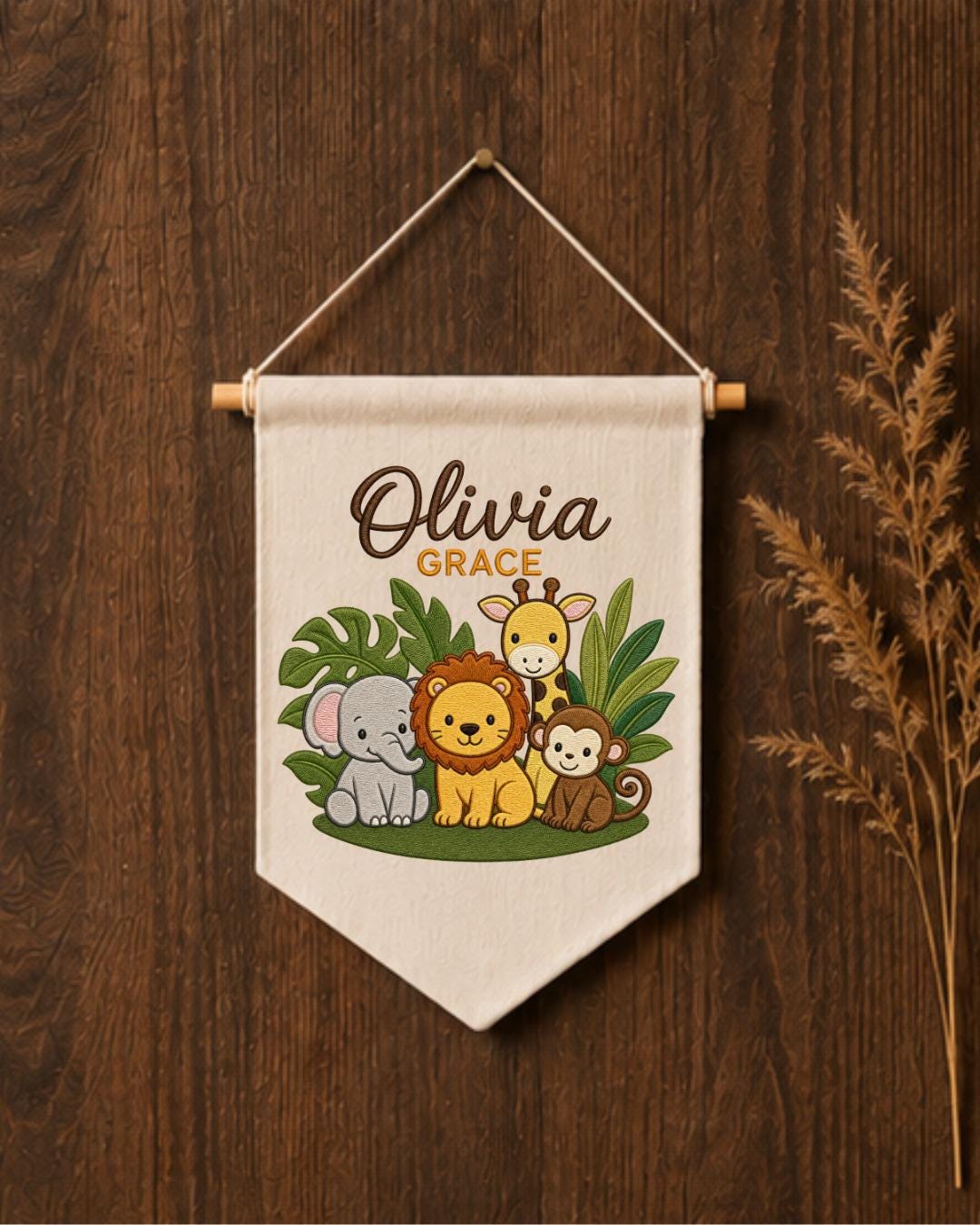 Personalized Safari Animal Wall Hanging, Custom Double Name Embroidered Banner, Jungle Nursery Decor, Baby Room Gift, Safari Baby Keepsake