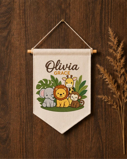 Personalized Safari Animal Wall Hanging, Custom Double Name Embroidered Banner, Jungle Nursery Decor, Baby Room Gift, Safari Baby Keepsake