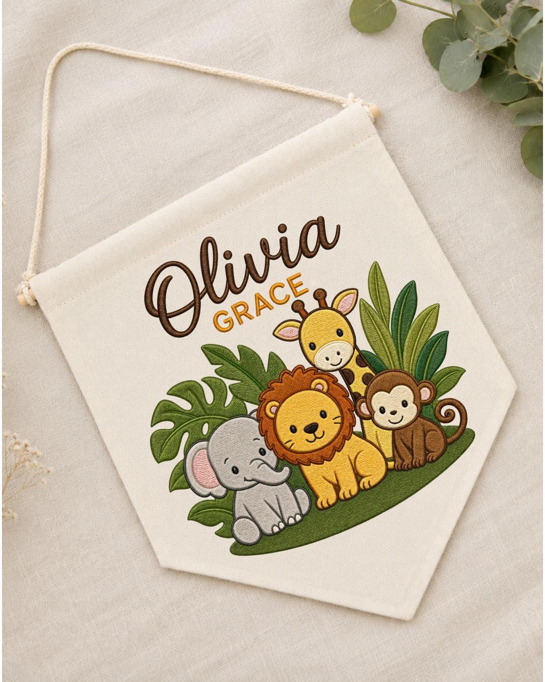 Personalized Safari Animal Wall Hanging, Custom Double Name Embroidered Banner, Jungle Nursery Decor, Baby Room Gift, Safari Baby Keepsake
