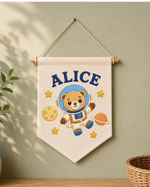 Personalized Astronaut Bear Wall Hanging, Custom Name Embroidered Space Banner, Baby Boy Nursery Decor, Outer Space Room Gift