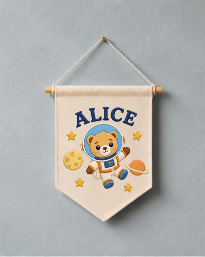 Personalized Astronaut Bear Wall Hanging, Custom Name Embroidered Space Banner, Baby Boy Nursery Decor, Outer Space Room Gift