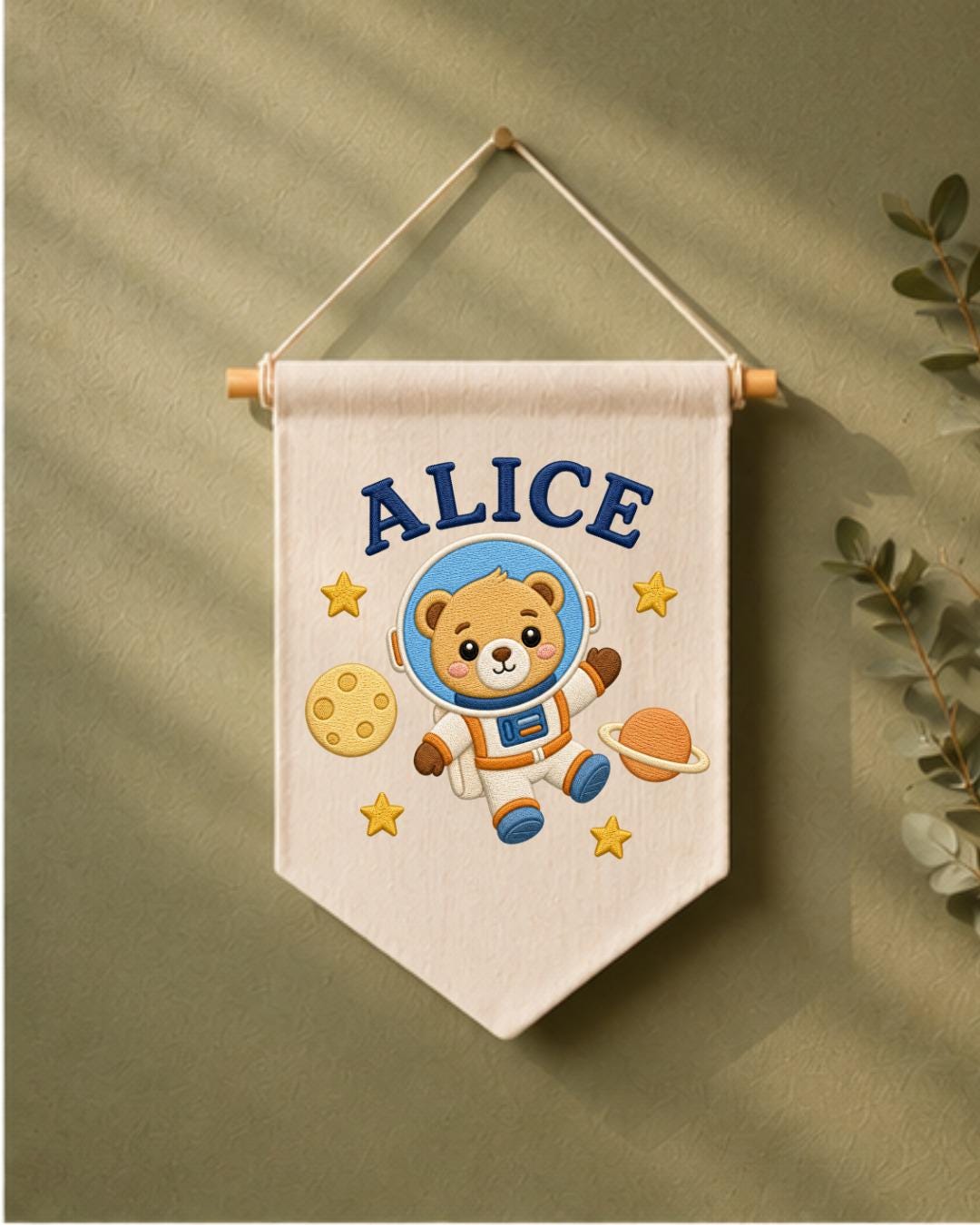 Personalized Astronaut Bear Wall Hanging, Custom Name Embroidered Space Banner, Baby Boy Nursery Decor, Outer Space Room Gift