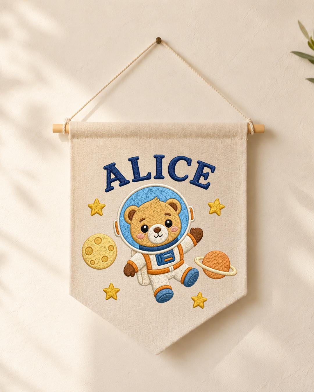 Personalized Astronaut Bear Wall Hanging, Custom Name Embroidered Space Banner, Baby Boy Nursery Decor, Outer Space Room Gift