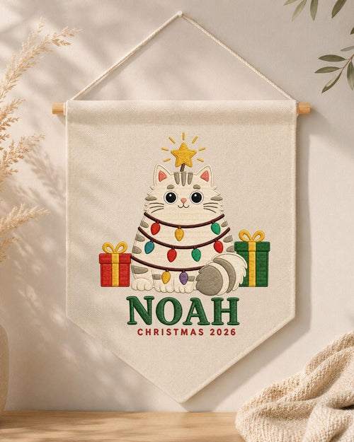 Personalized Christmas Cat Wall Hanging, Custom Name Embroidered Banner, Cute Cat Christmas Decor, Pet Lover Holiday Gift 2026