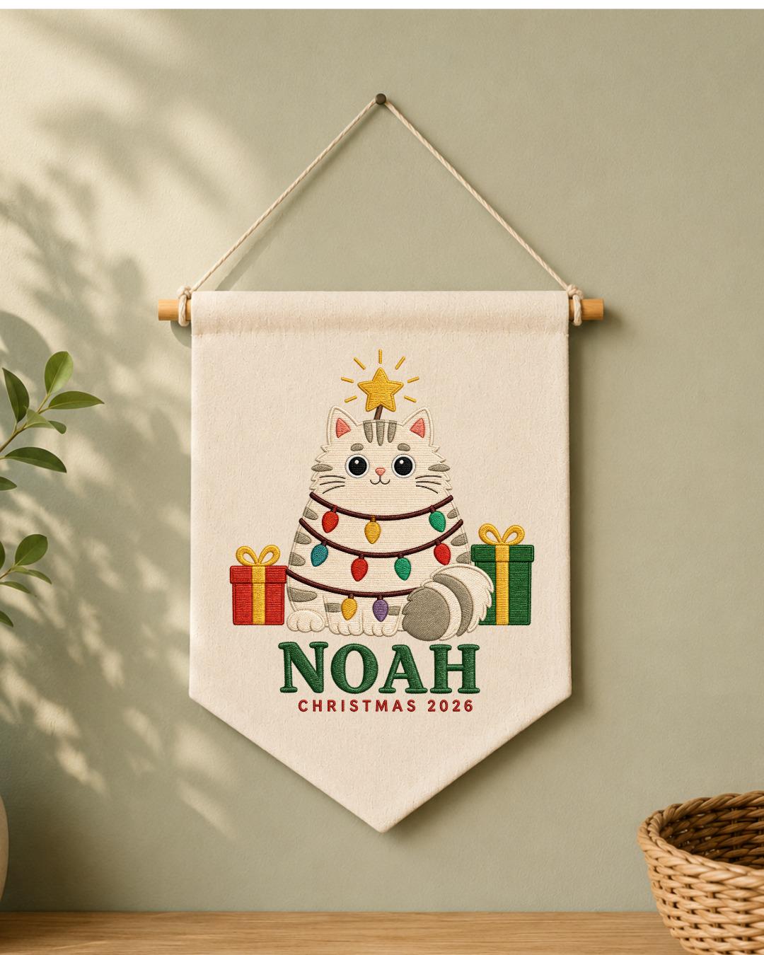 Personalized Christmas Cat Wall Hanging, Custom Name Embroidered Banner, Cute Cat Christmas Decor, Pet Lover Holiday Gift 2026