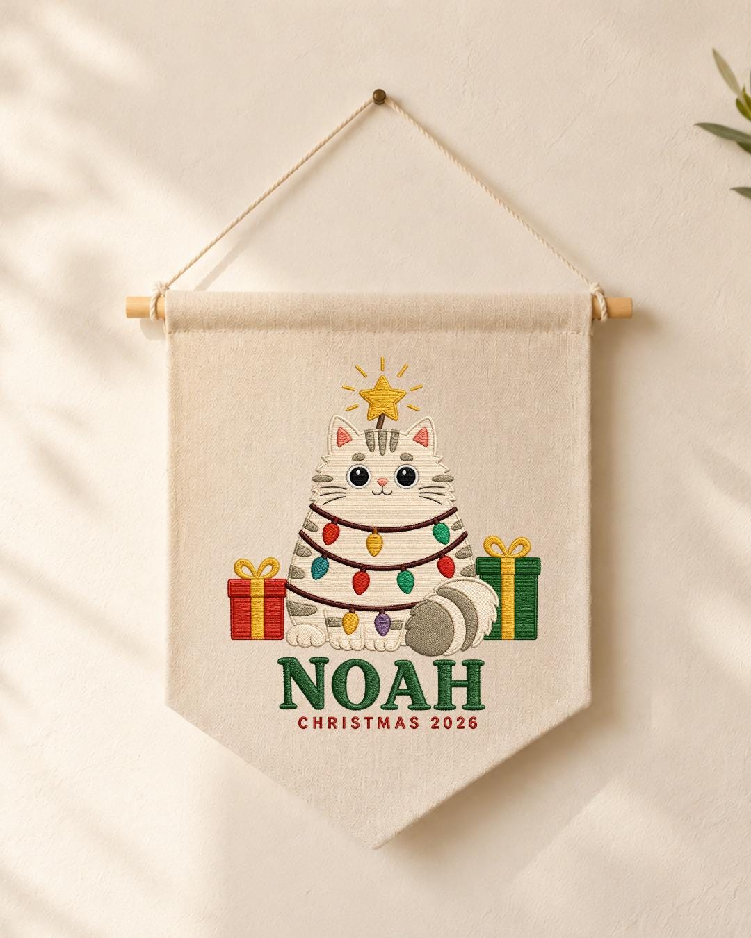 Personalized Christmas Cat Wall Hanging, Custom Name Embroidered Banner, Cute Cat Christmas Decor, Pet Lover Holiday Gift 2026