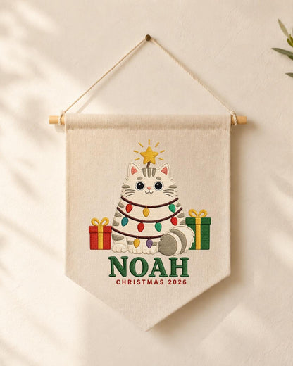 Personalized Christmas Cat Wall Hanging, Custom Name Embroidered Banner, Cute Cat Christmas Decor, Pet Lover Holiday Gift 2026