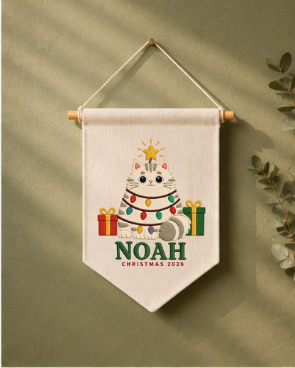 Personalized Christmas Cat Wall Hanging, Custom Name Embroidered Banner, Cute Cat Christmas Decor, Pet Lover Holiday Gift 2026