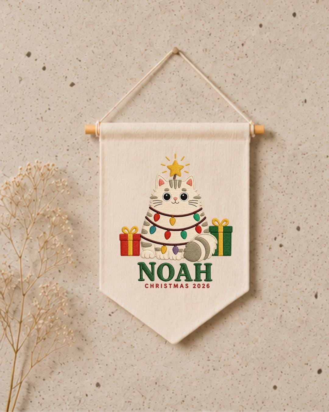 Personalized Christmas Cat Wall Hanging, Custom Name Embroidered Banner, Cute Cat Christmas Decor, Pet Lover Holiday Gift 2026