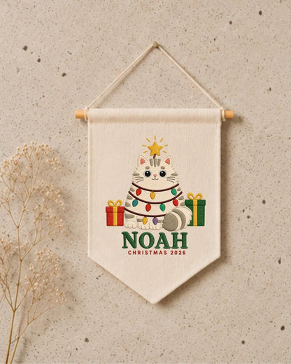 Personalized Christmas Cat Wall Hanging, Custom Name Embroidered Banner, Cute Cat Christmas Decor, Pet Lover Holiday Gift 2026