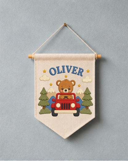Personalized Bear Adventure Wall Hanging, Custom Name Embroidered Banner, Mountain Nursery Decor, Baby Boy Room Gift, Woodland Nursery Art