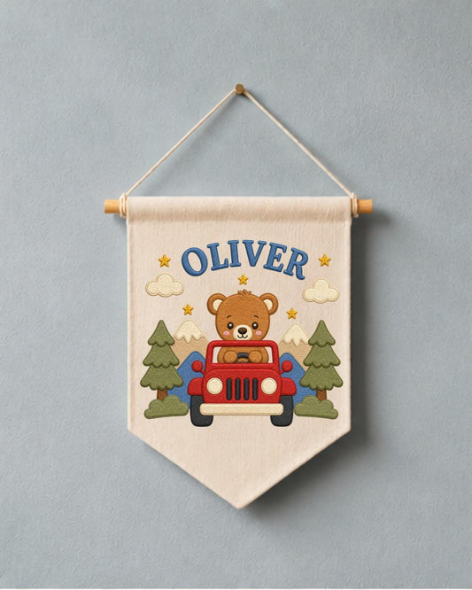 Personalized Bear Adventure Wall Hanging, Custom Name Embroidered Banner, Mountain Nursery Decor, Baby Boy Room Gift, Woodland Nursery Art