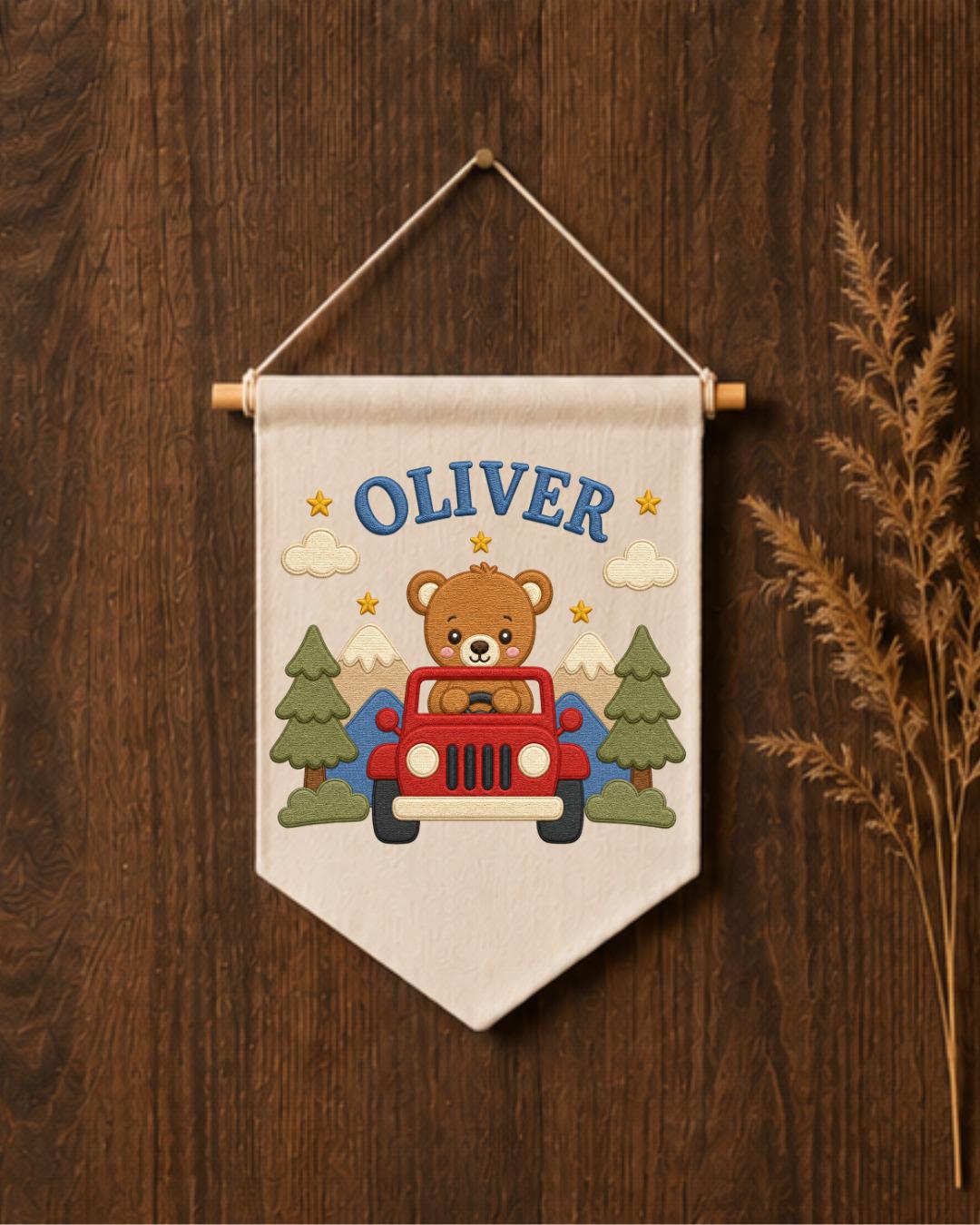 Personalized Bear Adventure Wall Hanging, Custom Name Embroidered Banner, Mountain Nursery Decor, Baby Boy Room Gift, Woodland Nursery Art