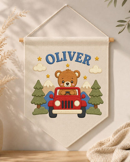 Personalized Bear Adventure Wall Hanging, Custom Name Embroidered Banner, Mountain Nursery Decor, Baby Boy Room Gift, Woodland Nursery Art