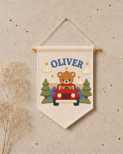Personalized Bear Adventure Wall Hanging, Custom Name Embroidered Banner, Mountain Nursery Decor, Baby Boy Room Gift, Woodland Nursery Art