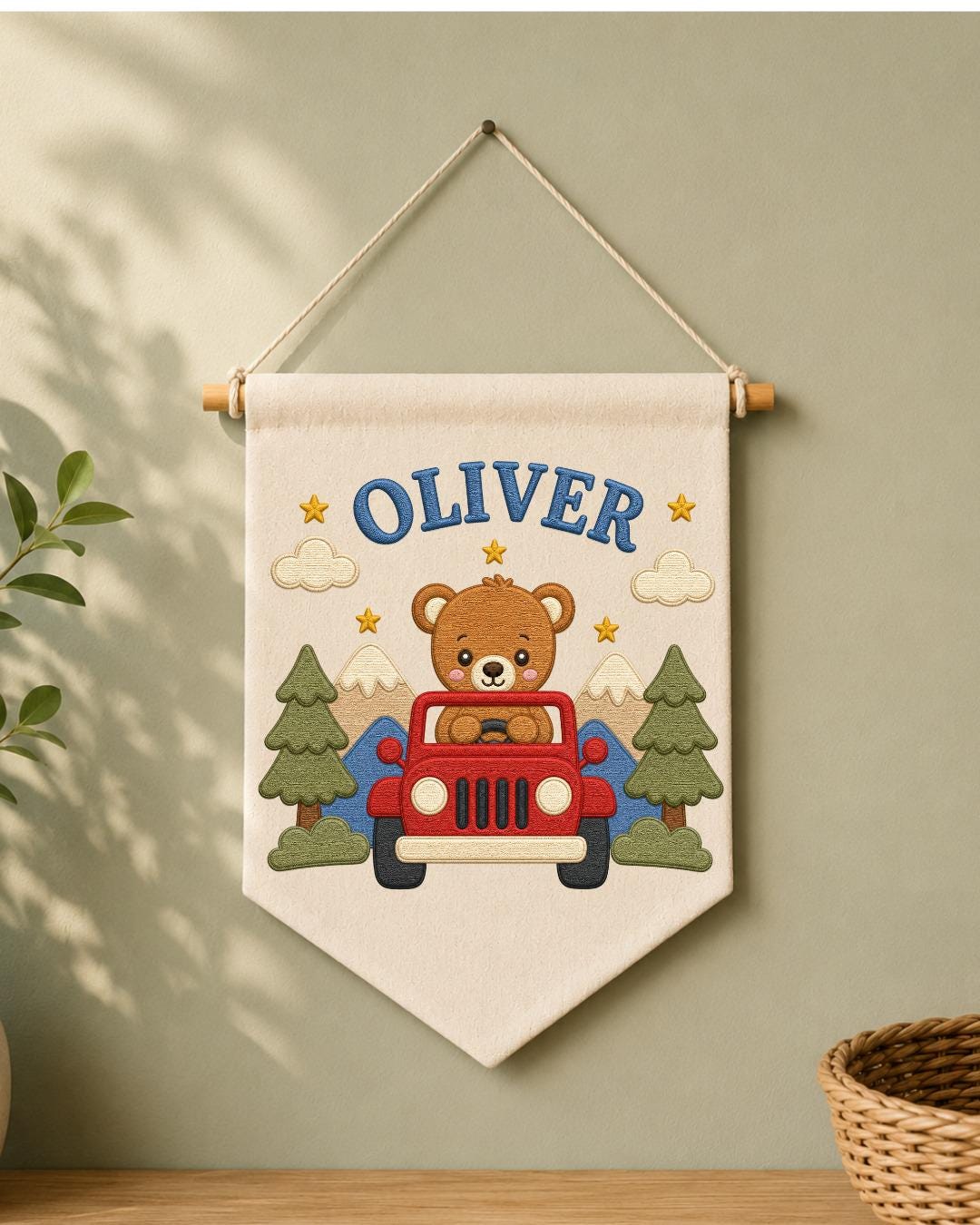 Personalized Bear Adventure Wall Hanging, Custom Name Embroidered Banner, Mountain Nursery Decor, Baby Boy Room Gift, Woodland Nursery Art