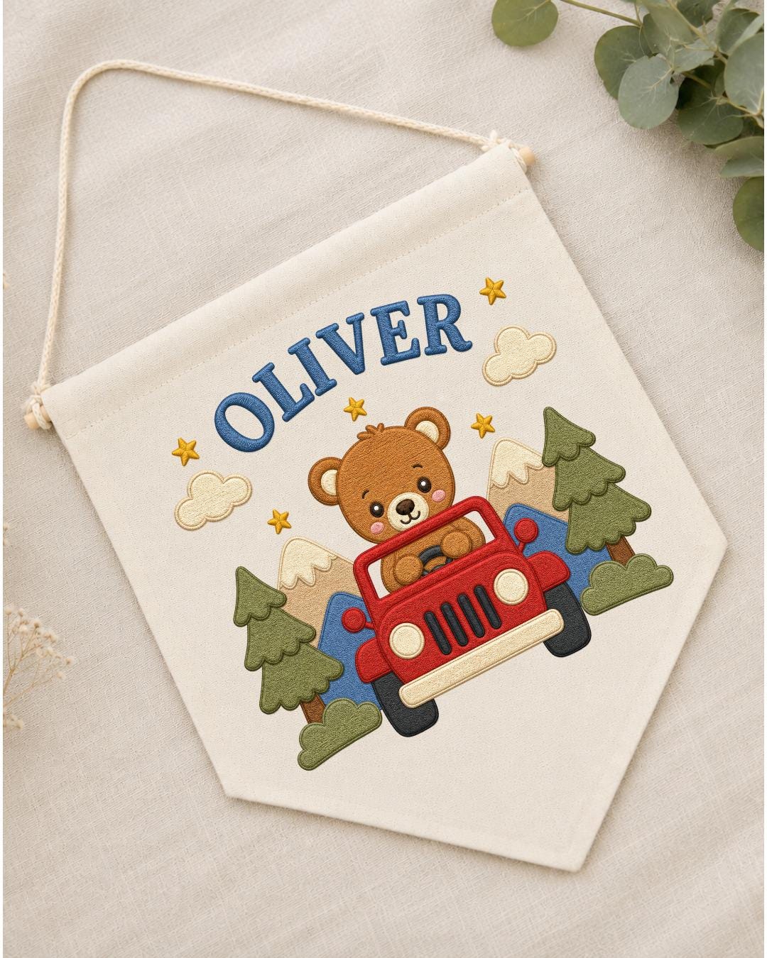 Personalized Bear Adventure Wall Hanging, Custom Name Embroidered Banner, Mountain Nursery Decor, Baby Boy Room Gift, Woodland Nursery Art