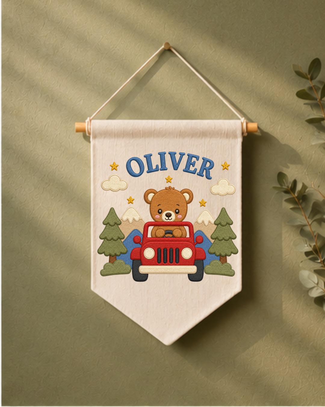 Personalized Bear Adventure Wall Hanging, Custom Name Embroidered Banner, Mountain Nursery Decor, Baby Boy Room Gift, Woodland Nursery Art
