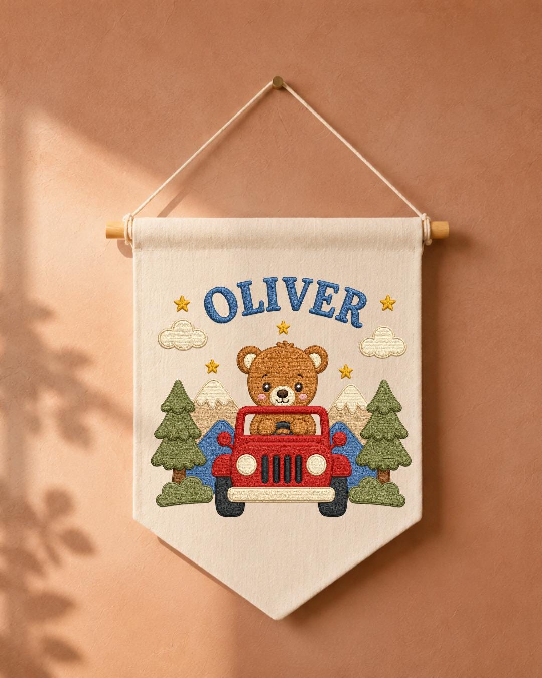 Personalized Bear Adventure Wall Hanging, Custom Name Embroidered Banner, Mountain Nursery Decor, Baby Boy Room Gift, Woodland Nursery Art