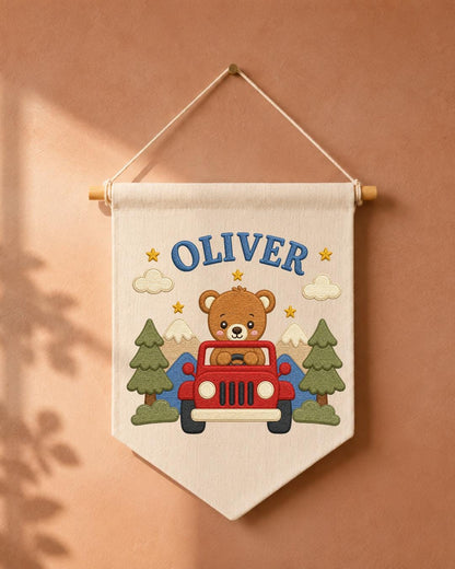 Personalized Bear Adventure Wall Hanging, Custom Name Embroidered Banner, Mountain Nursery Decor, Baby Boy Room Gift, Woodland Nursery Art