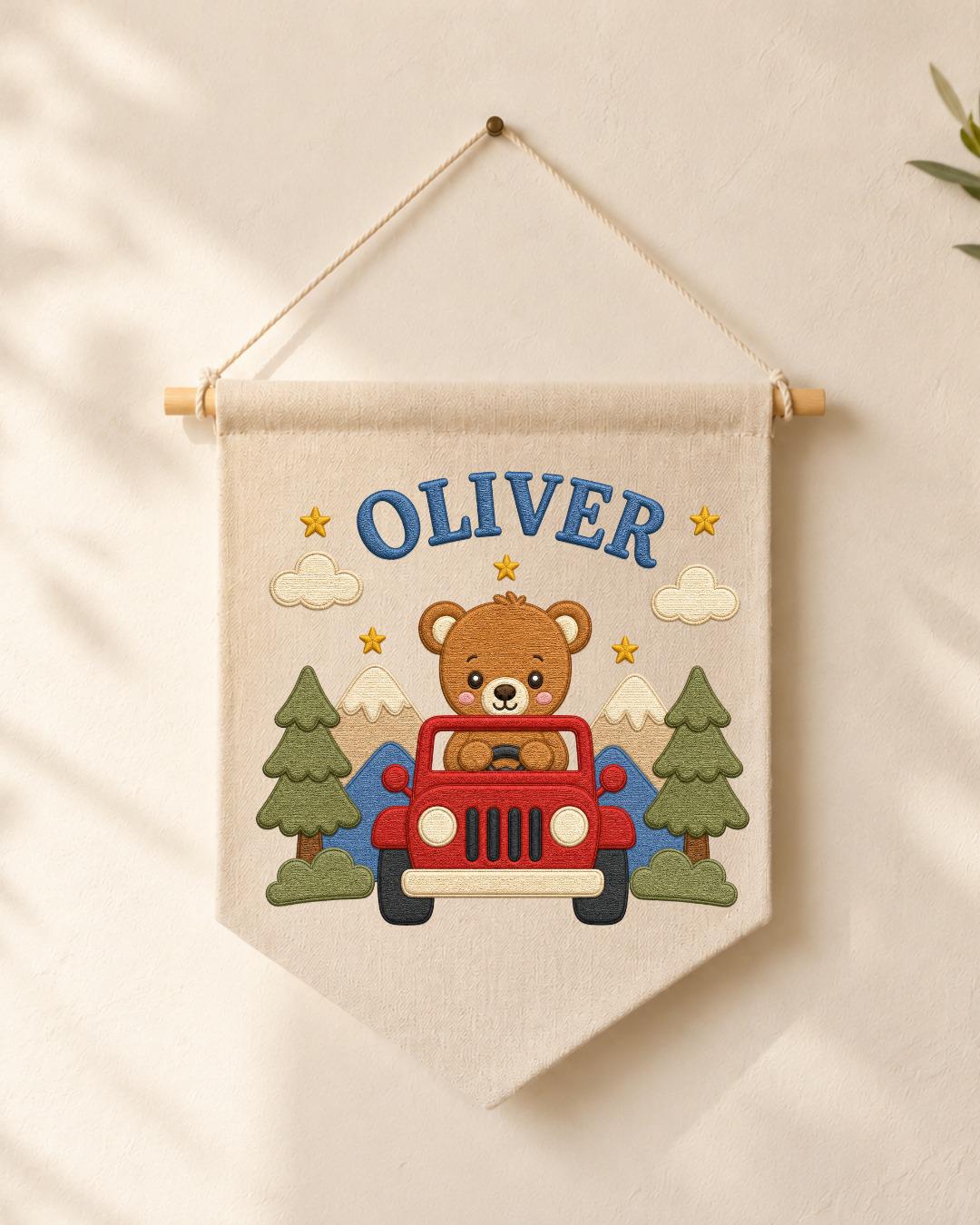 Personalized Bear Adventure Wall Hanging, Custom Name Embroidered Banner, Mountain Nursery Decor, Baby Boy Room Gift, Woodland Nursery Art