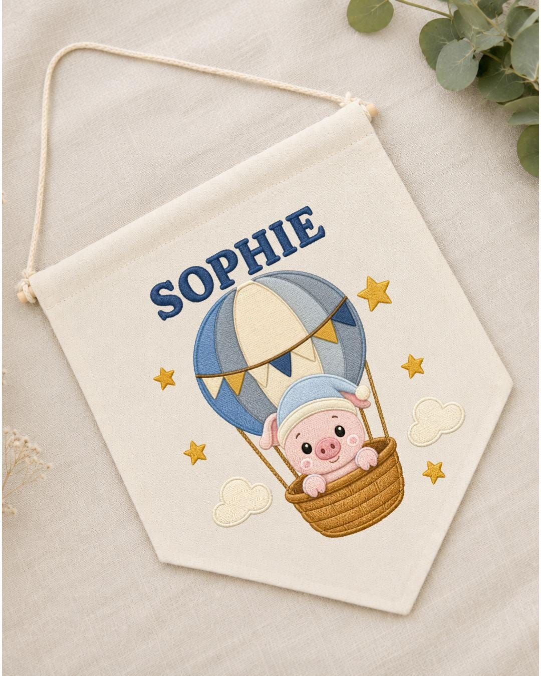 Personalized Hot Air Balloon Pig Wall Hanging, Custom Name Embroidered Banner, Baby Girl Nursery Decor, Cute Adventure Room Gift