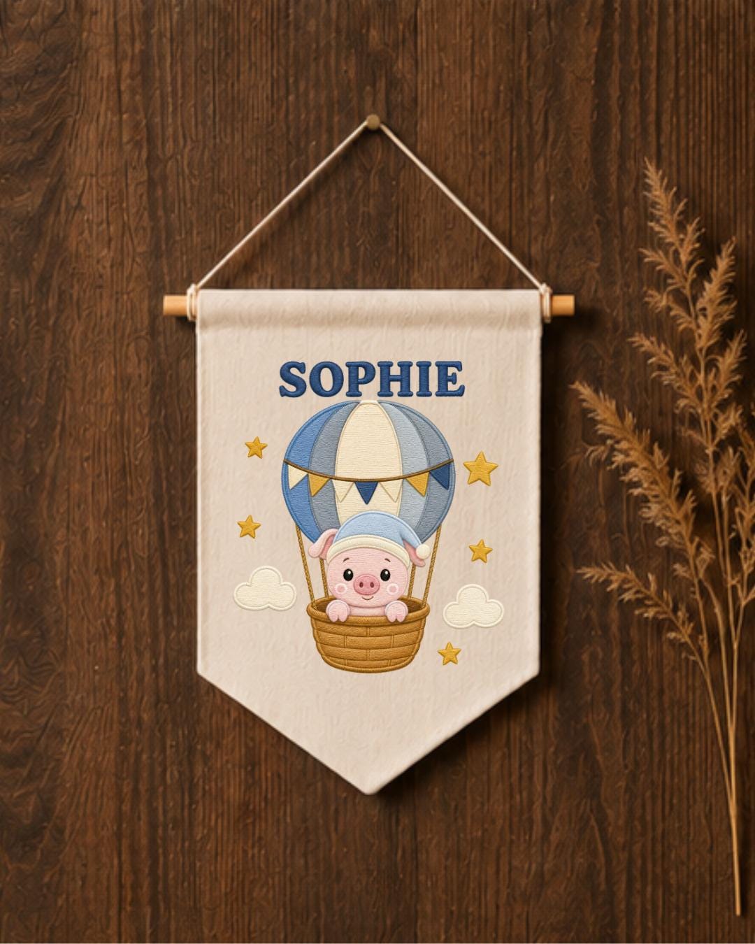Personalized Hot Air Balloon Pig Wall Hanging, Custom Name Embroidered Banner, Baby Girl Nursery Decor, Cute Adventure Room Gift
