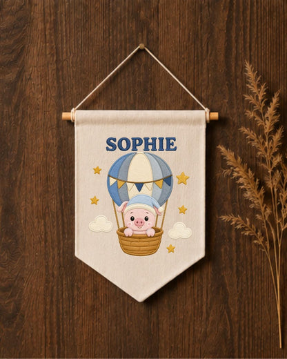 Personalized Hot Air Balloon Pig Wall Hanging, Custom Name Embroidered Banner, Baby Girl Nursery Decor, Cute Adventure Room Gift