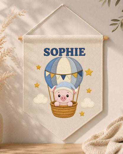 Personalized Hot Air Balloon Pig Wall Hanging, Custom Name Embroidered Banner, Baby Girl Nursery Decor, Cute Adventure Room Gift