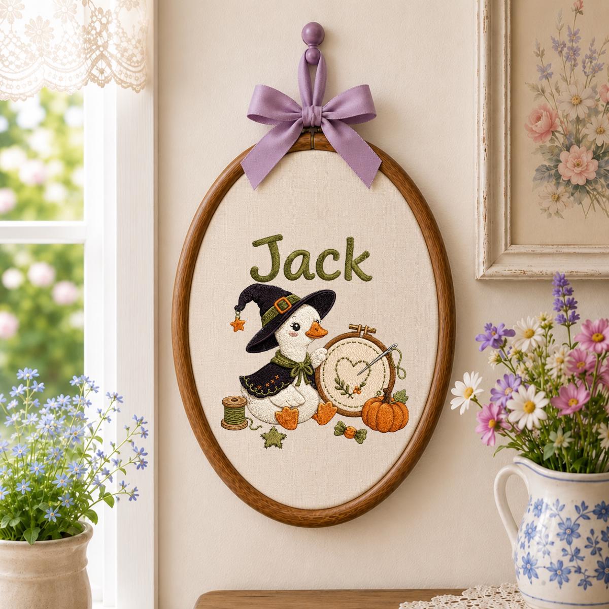 Personalized Halloween Witch Duck Nursery Decor, Custom Name Embroidered Oval Hoop Art, Spooky Crafty Duck Sewing Room Wall Sign
