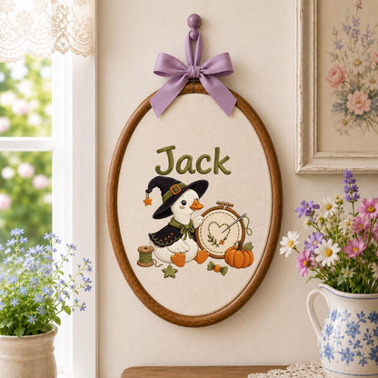 Personalized Halloween Witch Duck Nursery Decor, Custom Name Embroidered Oval Hoop Art, Spooky Crafty Duck Sewing Room Wall Sign