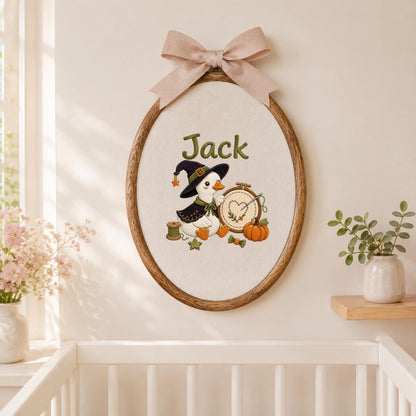 Personalized Halloween Witch Duck Nursery Decor, Custom Name Embroidered Oval Hoop Art, Spooky Crafty Duck Sewing Room Wall Sign