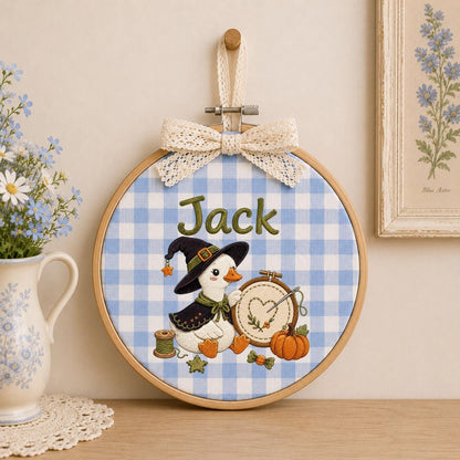 Personalized Halloween Witch Duck Nursery Decor, Custom Name Embroidered Oval Hoop Art, Spooky Crafty Duck Sewing Room Wall Sign